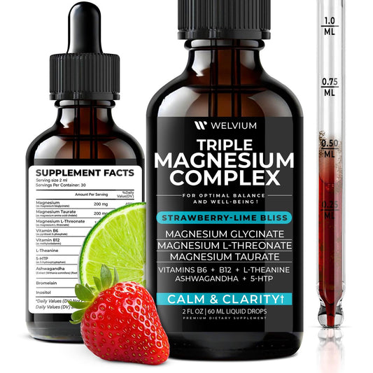 WELVIUM Triple Magnesium Complex Liquid Drops - Magnesium Glycinat mit L-Threonat, Taurat - Ashwagandha, L-Theanin, 5-HTP, Vitamine B6, B12, Bromelain, Inositol für Mineralstoffgleichgewicht