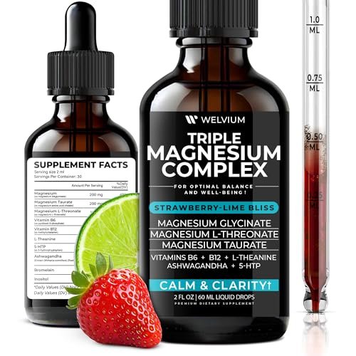 WELVIUM Triple Magnesium Complex Liquid Drops - Magnesium Glycinat mit L-Threonat, Taurat - Ashwagandha, L-Theanin, 5-HTP, Vitamine B6, B12, Bromelain, Inositol für Mineralstoffgleichgewicht