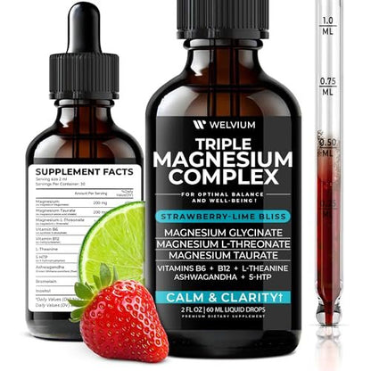 WELVIUM Triple Magnesium Complex Liquid Drops - Magnesium Glycinat mit L-Threonat, Taurat - Ashwagandha, L-Theanin, 5-HTP, Vitamine B6, B12, Bromelain, Inositol für Mineralstoffgleichgewicht