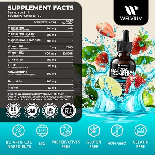 WELVIUM Triple Magnesium Complex Liquid Drops - Magnesium Glycinat mit L-Threonat, Taurat - Ashwagandha, L-Theanin, 5-HTP, Vitamine B6, B12, Bromelain, Inositol für Mineralstoffgleichgewicht