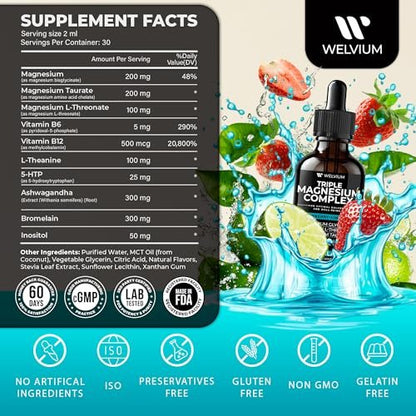 WELVIUM Triple Magnesium Complex Liquid Drops - Magnesium Glycinat mit L-Threonat, Taurat - Ashwagandha, L-Theanin, 5-HTP, Vitamine B6, B12, Bromelain, Inositol für Mineralstoffgleichgewicht
