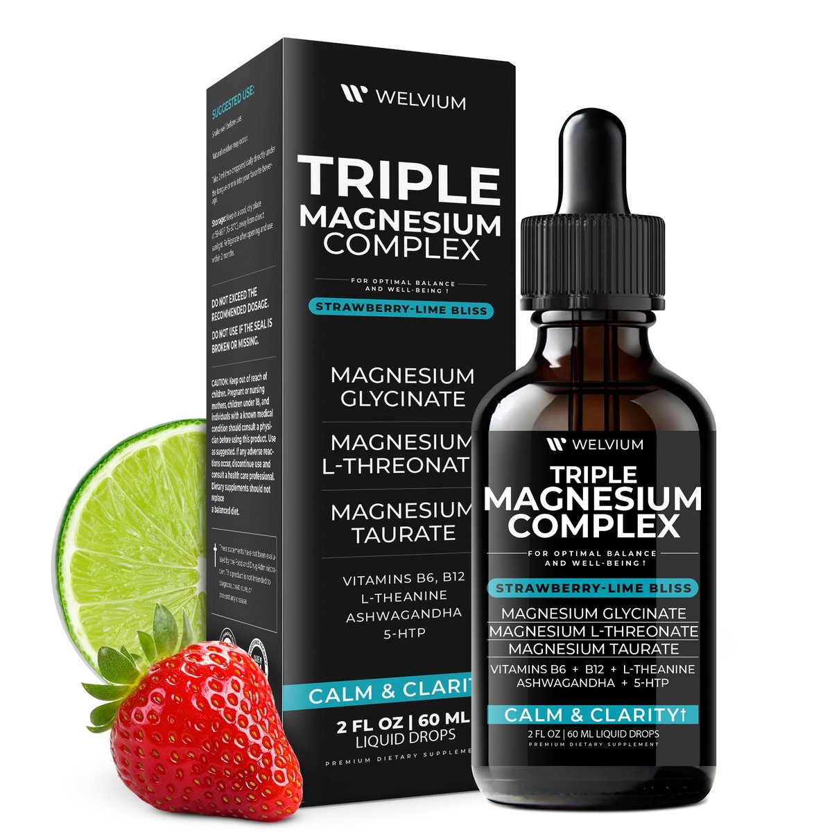 WELVIUM Triple Magnesium Complex Liquid Drops - Magnesium Glycinat mit L-Threonat, Taurat - Ashwagandha, L-Theanin, 5-HTP, Vitamine B6, B12, Bromelain, Inositol für Mineralstoffgleichgewicht