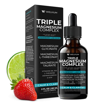 WELVIUM Triple Magnesium Complex Liquid Drops - Magnesium Glycinat mit L-Threonat, Taurat - Ashwagandha, L-Theanin, 5-HTP, Vitamine B6, B12, Bromelain, Inositol für Mineralstoffgleichgewicht