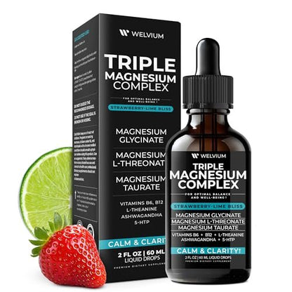 WELVIUM Triple Magnesium Complex Liquid Drops - Magnesium Glycinat mit L-Threonat, Taurat - Ashwagandha, L-Theanin, 5-HTP, Vitamine B6, B12, Bromelain, Inositol für Mineralstoffgleichgewicht