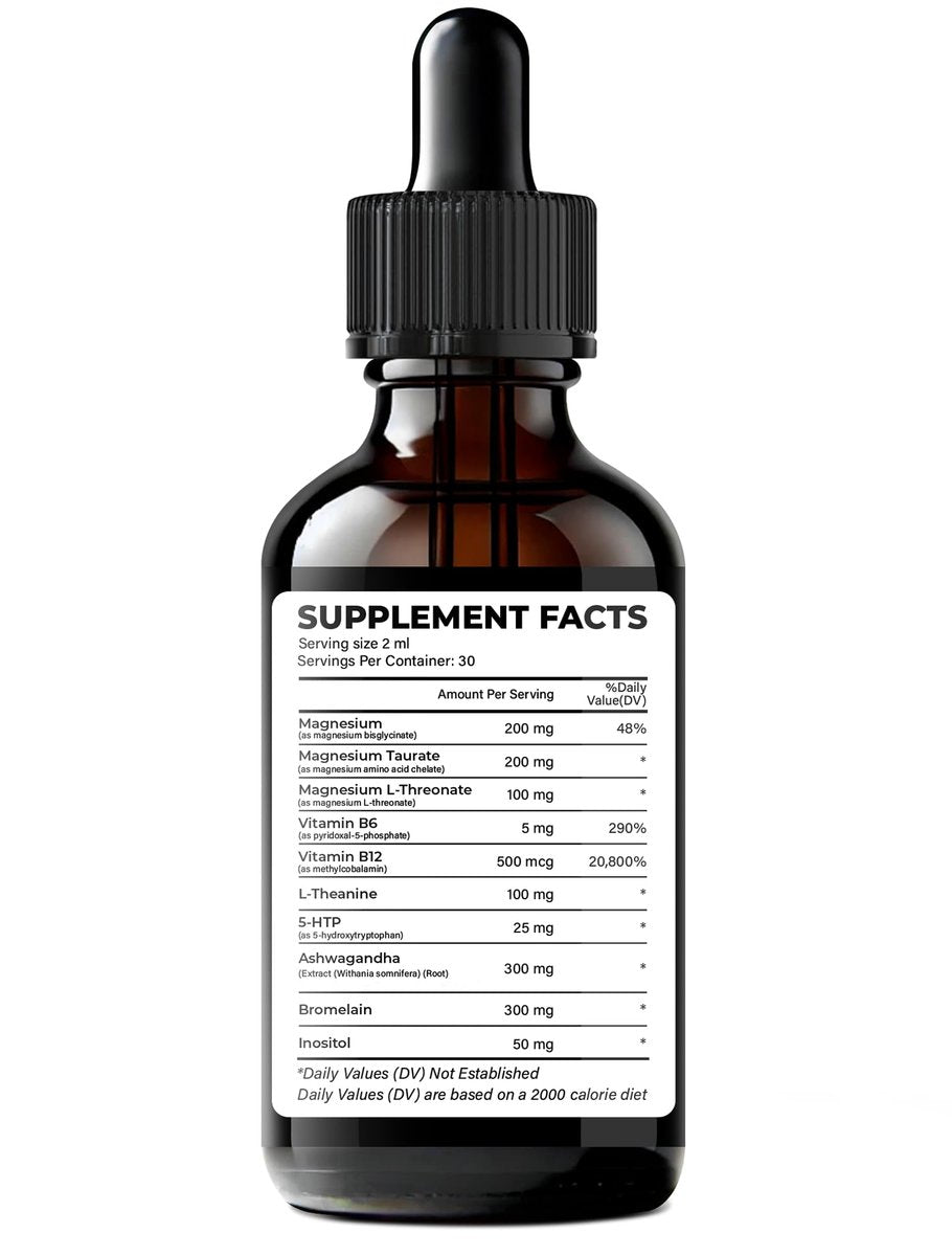 WELVIUM Triple Magnesium Complex Liquid Drops - Magnesium Glycinat mit L-Threonat, Taurat - Ashwagandha, L-Theanin, 5-HTP, Vitamine B6, B12, Bromelain, Inositol für Mineralstoffgleichgewicht