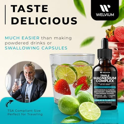 WELVIUM Triple Magnesium Complex Liquid Drops - Magnesium Glycinat mit L-Threonat, Taurat - Ashwagandha, L-Theanin, 5-HTP, Vitamine B6, B12, Bromelain, Inositol für Mineralstoffgleichgewicht