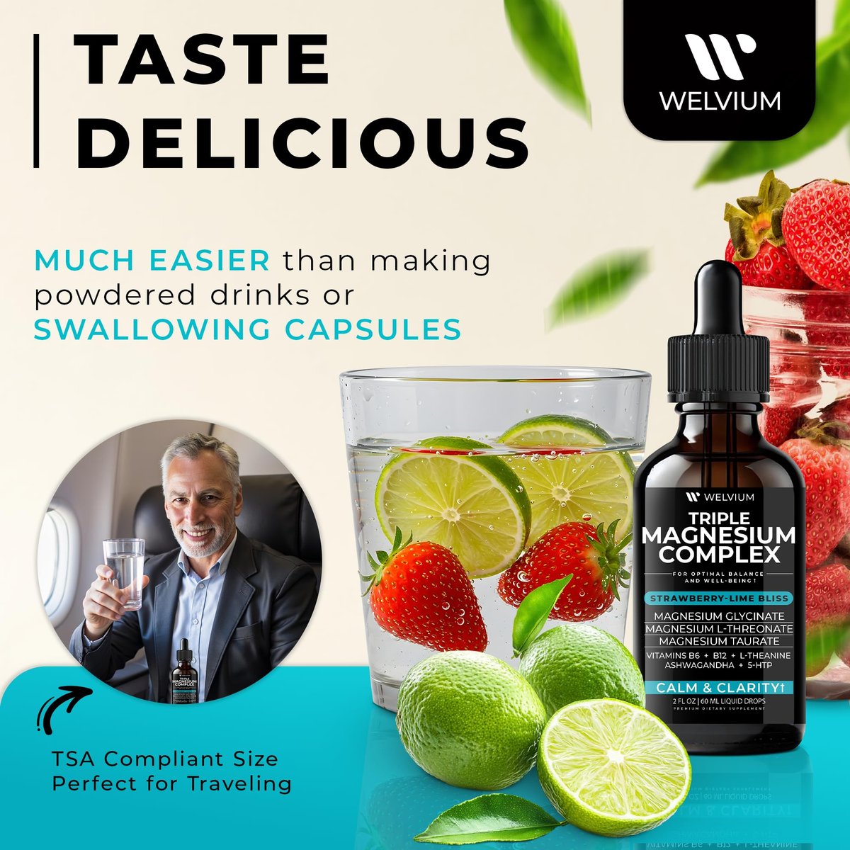 WELVIUM Triple Magnesium Complex Liquid Drops - Magnesium Glycinat mit L-Threonat, Taurat - Ashwagandha, L-Theanin, 5-HTP, Vitamine B6, B12, Bromelain, Inositol für Mineralstoffgleichgewicht