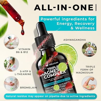 WELVIUM Triple Magnesium Complex Liquid Drops - Magnesium Glycinat mit L-Threonat, Taurat - Ashwagandha, L-Theanin, 5-HTP, Vitamine B6, B12, Bromelain, Inositol für Mineralstoffgleichgewicht