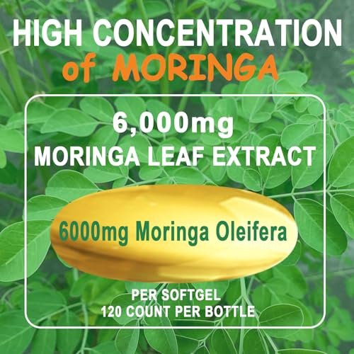 Moringa Softgels, Bio reines Moringa Oleifera Blattextrakt für Energie, Haut, Darmgesundheit, Immunsystem, natürliches Antioxidans, hochwirksames Moringa-Öl, Non-GMO, 60 Portionen