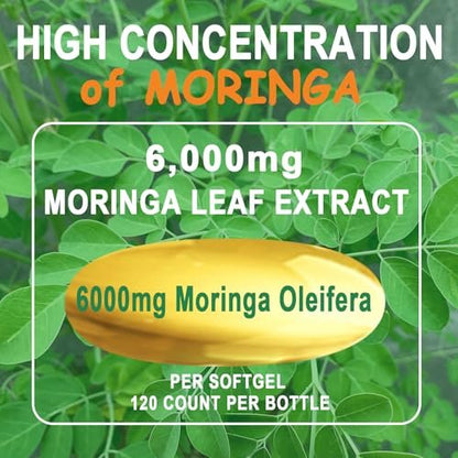 Moringa Softgels, Bio reines Moringa Oleifera Blattextrakt für Energie, Haut, Darmgesundheit, Immunsystem, natürliches Antioxidans, hochwirksames Moringa-Öl, Non-GMO, 60 Portionen