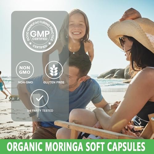 Moringa Softgels, Bio reines Moringa Oleifera Blattextrakt für Energie, Haut, Darmgesundheit, Immunsystem, natürliches Antioxidans, hochwirksames Moringa-Öl, Non-GMO, 60 Portionen