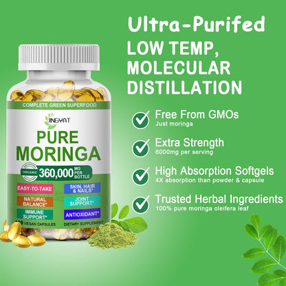 Moringa Softgels, Bio reines Moringa Oleifera Blattextrakt für Energie, Haut, Darmgesundheit, Immunsystem, natürliches Antioxidans, hochwirksames Moringa-Öl, Non-GMO, 60 Portionen