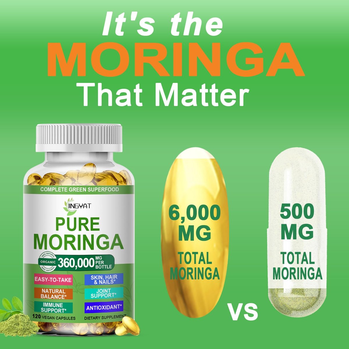 Moringa Softgels, Bio reines Moringa Oleifera Blattextrakt für Energie, Haut, Darmgesundheit, Immunsystem, natürliches Antioxidans, hochwirksames Moringa-Öl, Non-GMO, 60 Portionen