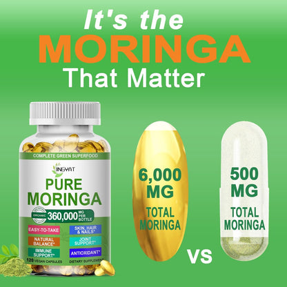 Moringa Softgels, Bio reines Moringa Oleifera Blattextrakt für Energie, Haut, Darmgesundheit, Immunsystem, natürliches Antioxidans, hochwirksames Moringa-Öl, Non-GMO, 60 Portionen