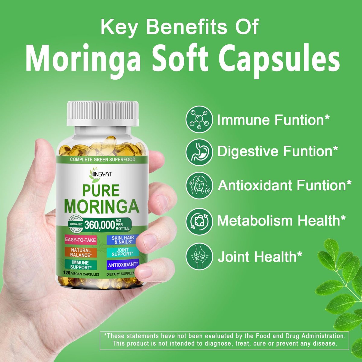 Moringa Softgels, Bio reines Moringa Oleifera Blattextrakt für Energie, Haut, Darmgesundheit, Immunsystem, natürliches Antioxidans, hochwirksames Moringa-Öl, Non-GMO, 60 Portionen