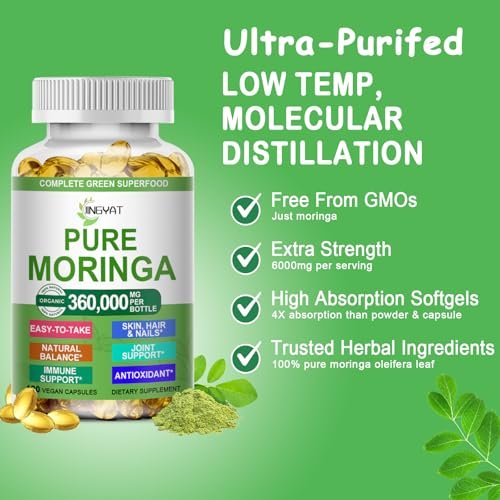 Moringa Softgels, Bio reines Moringa Oleifera Blattextrakt für Energie, Haut, Darmgesundheit, Immunsystem, natürliches Antioxidans, hochwirksames Moringa-Öl, Non-GMO, 60 Portionen