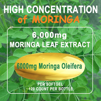 Moringa Softgels, Bio reines Moringa Oleifera Blattextrakt für Energie, Haut, Darmgesundheit, Immunsystem, natürliches Antioxidans, hochwirksames Moringa-Öl, Non-GMO, 60 Portionen