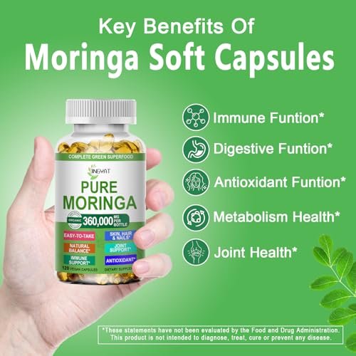 Moringa Softgels, Bio reines Moringa Oleifera Blattextrakt für Energie, Haut, Darmgesundheit, Immunsystem, natürliches Antioxidans, hochwirksames Moringa-Öl, Non-GMO, 60 Portionen