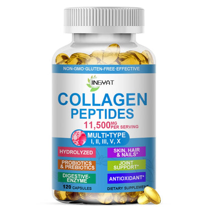 Kollagen-Peptide Weichkapseln, Multi-Kollagen-Peptid mit Glucosamin Chondroitin MSM Biotin, hydrolysiertes Kollagen-Peptid-Komplex für Frauen, unterstützt Haut, Haare, Nägel, Gelenke, Knochen, Darmgesundheit, Nicht-GMO, 120 Kapseln