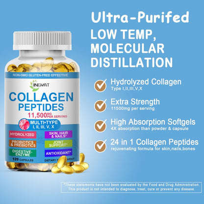 Kollagen-Peptide Weichkapseln, Multi-Kollagen-Peptid mit Glucosamin Chondroitin MSM Biotin, hydrolysiertes Kollagen-Peptid-Komplex für Frauen, unterstützt Haut, Haare, Nägel, Gelenke, Knochen, Darmgesundheit, Nicht-GMO, 120 Kapseln