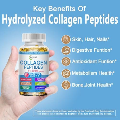 Kollagen-Peptide Weichkapseln, Multi-Kollagen-Peptid mit Glucosamin Chondroitin MSM Biotin, hydrolysiertes Kollagen-Peptid-Komplex für Frauen, unterstützt Haut, Haare, Nägel, Gelenke, Knochen, Darmgesundheit, Nicht-GMO, 120 Kapseln
