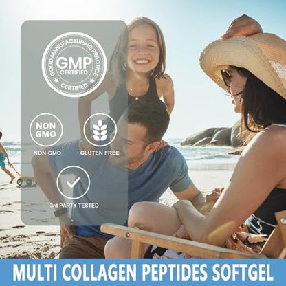 Kollagen-Peptide Weichkapseln, Multi-Kollagen-Peptid mit Glucosamin Chondroitin MSM Biotin, hydrolysiertes Kollagen-Peptid-Komplex für Frauen, unterstützt Haut, Haare, Nägel, Gelenke, Knochen, Darmgesundheit, Nicht-GMO, 120 Kapseln