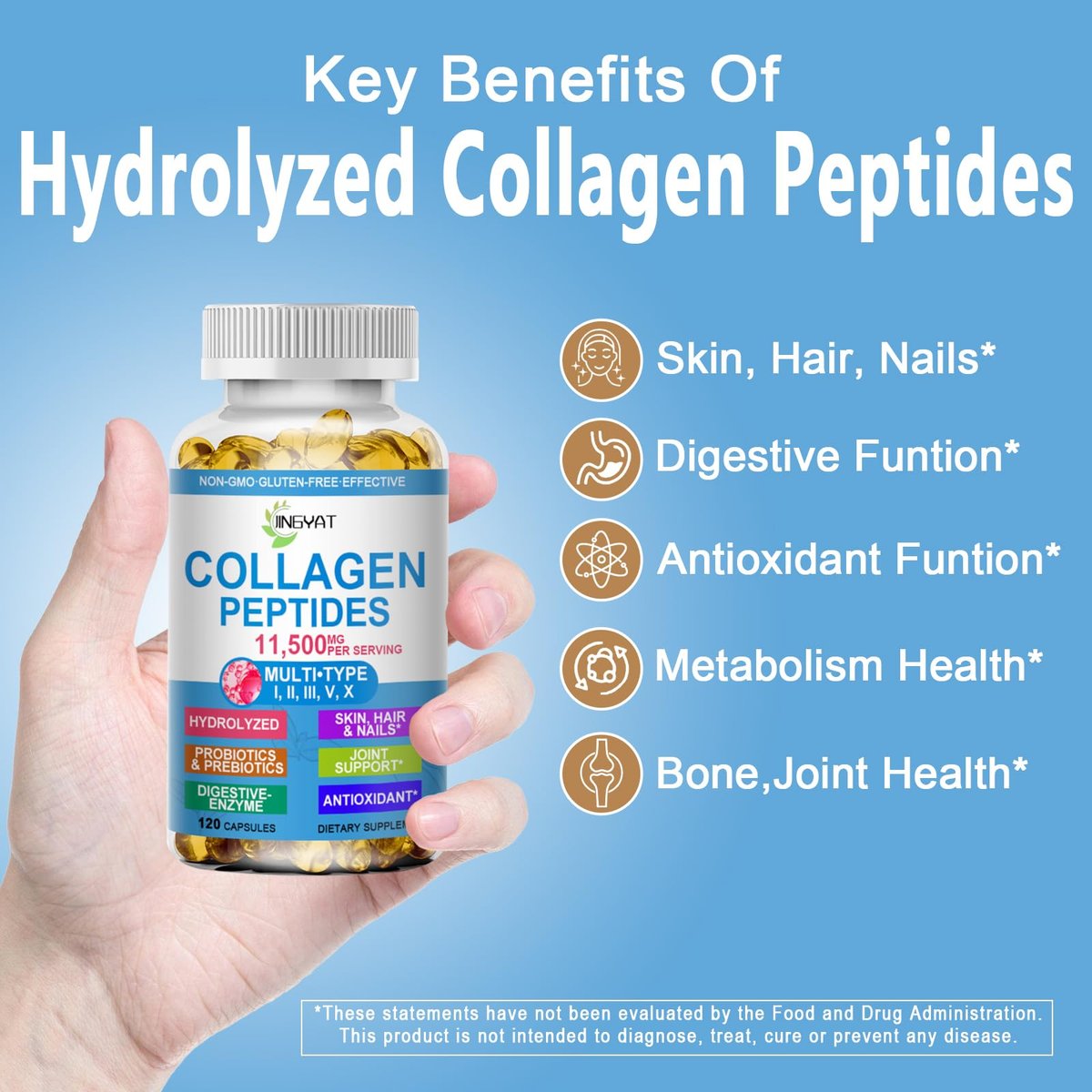 Kollagen-Peptide Weichkapseln, Multi-Kollagen-Peptid mit Glucosamin Chondroitin MSM Biotin, hydrolysiertes Kollagen-Peptid-Komplex für Frauen, unterstützt Haut, Haare, Nägel, Gelenke, Knochen, Darmgesundheit, Nicht-GMO, 120 Kapseln