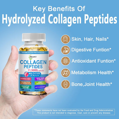 Kollagen-Peptide Weichkapseln, Multi-Kollagen-Peptid mit Glucosamin Chondroitin MSM Biotin, hydrolysiertes Kollagen-Peptid-Komplex für Frauen, unterstützt Haut, Haare, Nägel, Gelenke, Knochen, Darmgesundheit, Nicht-GMO, 120 Kapseln