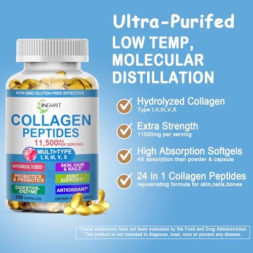 Kollagen-Peptide Weichkapseln, Multi-Kollagen-Peptid mit Glucosamin Chondroitin MSM Biotin, hydrolysiertes Kollagen-Peptid-Komplex für Frauen, unterstützt Haut, Haare, Nägel, Gelenke, Knochen, Darmgesundheit, Nicht-GMO, 120 Kapseln