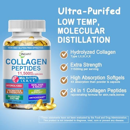 Kollagen-Peptide Weichkapseln, Multi-Kollagen-Peptid mit Glucosamin Chondroitin MSM Biotin, hydrolysiertes Kollagen-Peptid-Komplex für Frauen, unterstützt Haut, Haare, Nägel, Gelenke, Knochen, Darmgesundheit, Nicht-GMO, 120 Kapseln