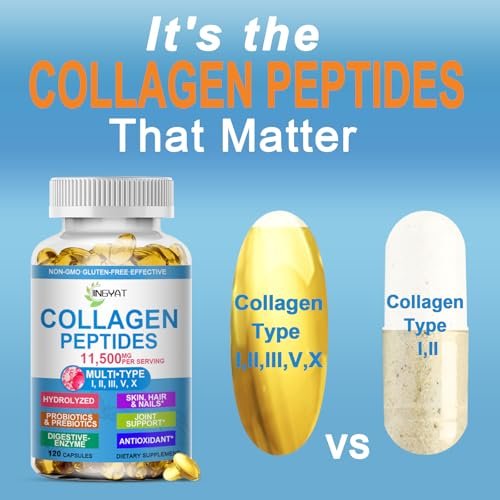 Kollagen-Peptide Weichkapseln, Multi-Kollagen-Peptid mit Glucosamin Chondroitin MSM Biotin, hydrolysiertes Kollagen-Peptid-Komplex für Frauen, unterstützt Haut, Haare, Nägel, Gelenke, Knochen, Darmgesundheit, Nicht-GMO, 120 Kapseln