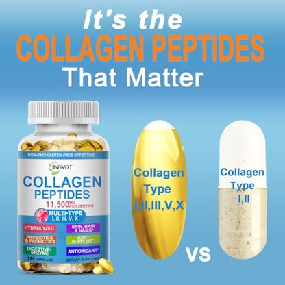Kollagen-Peptide Weichkapseln, Multi-Kollagen-Peptid mit Glucosamin Chondroitin MSM Biotin, hydrolysiertes Kollagen-Peptid-Komplex für Frauen, unterstützt Haut, Haare, Nägel, Gelenke, Knochen, Darmgesundheit, Nicht-GMO, 120 Kapseln