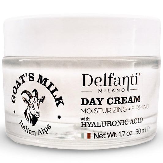 Delfanti-Milano Ziegenmilch mit Hyaluronsäure Feuchtigkeits- und Straffungs-Tagescreme für Gesicht und Hals – Made in Italy