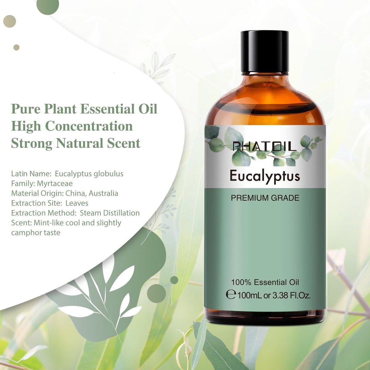 PHATOIL Reines Eukalyptusöl, 100% reines therapeutisches Premiumöl für Haarpflege, Haut, Aromatherapie, 100 ml