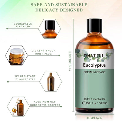 PHATOIL Reines Eukalyptusöl, 100% reines therapeutisches Premiumöl für Haarpflege, Haut, Aromatherapie, 100 ml