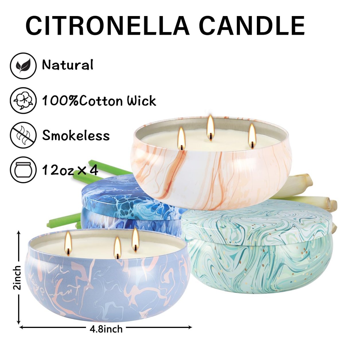 4er-Set Triple-Docht Citronella-Kerzen im Marmor-Design – Natürliches Sojawachs, Sommer-Außenkerzen für Terrasse, Garten, Balkon, Camping, Veranda, BBQ