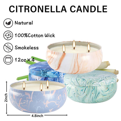 4er-Set Triple-Docht Citronella-Kerzen im Marmor-Design – Natürliches Sojawachs, Sommer-Außenkerzen für Terrasse, Garten, Balkon, Camping, Veranda, BBQ