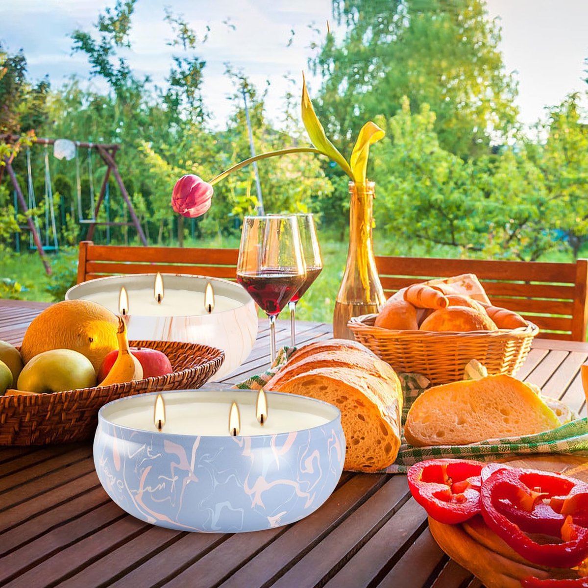 4er-Set Triple-Docht Citronella-Kerzen im Marmor-Design – Natürliches Sojawachs, Sommer-Außenkerzen für Terrasse, Garten, Balkon, Camping, Veranda, BBQ