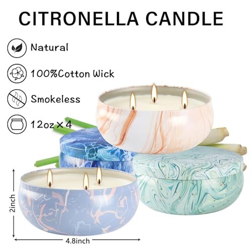 4er-Set Triple-Docht Citronella-Kerzen im Marmor-Design – Natürliches Sojawachs, Sommer-Außenkerzen für Terrasse, Garten, Balkon, Camping, Veranda, BBQ