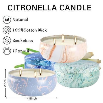 4er-Set Triple-Docht Citronella-Kerzen im Marmor-Design – Natürliches Sojawachs, Sommer-Außenkerzen für Terrasse, Garten, Balkon, Camping, Veranda, BBQ