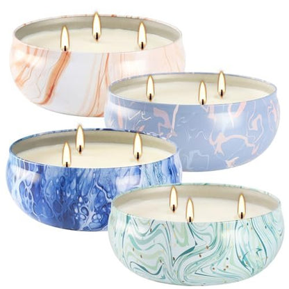 4er-Set Triple-Docht Citronella-Kerzen im Marmor-Design – Natürliches Sojawachs, Sommer-Außenkerzen für Terrasse, Garten, Balkon, Camping, Veranda, BBQ