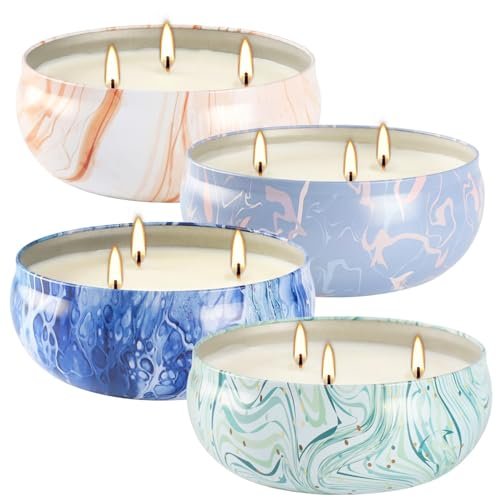 4er-Set Triple-Docht Citronella-Kerzen im Marmor-Design – Natürliches Sojawachs, Sommer-Außenkerzen für Terrasse, Garten, Balkon, Camping, Veranda, BBQ