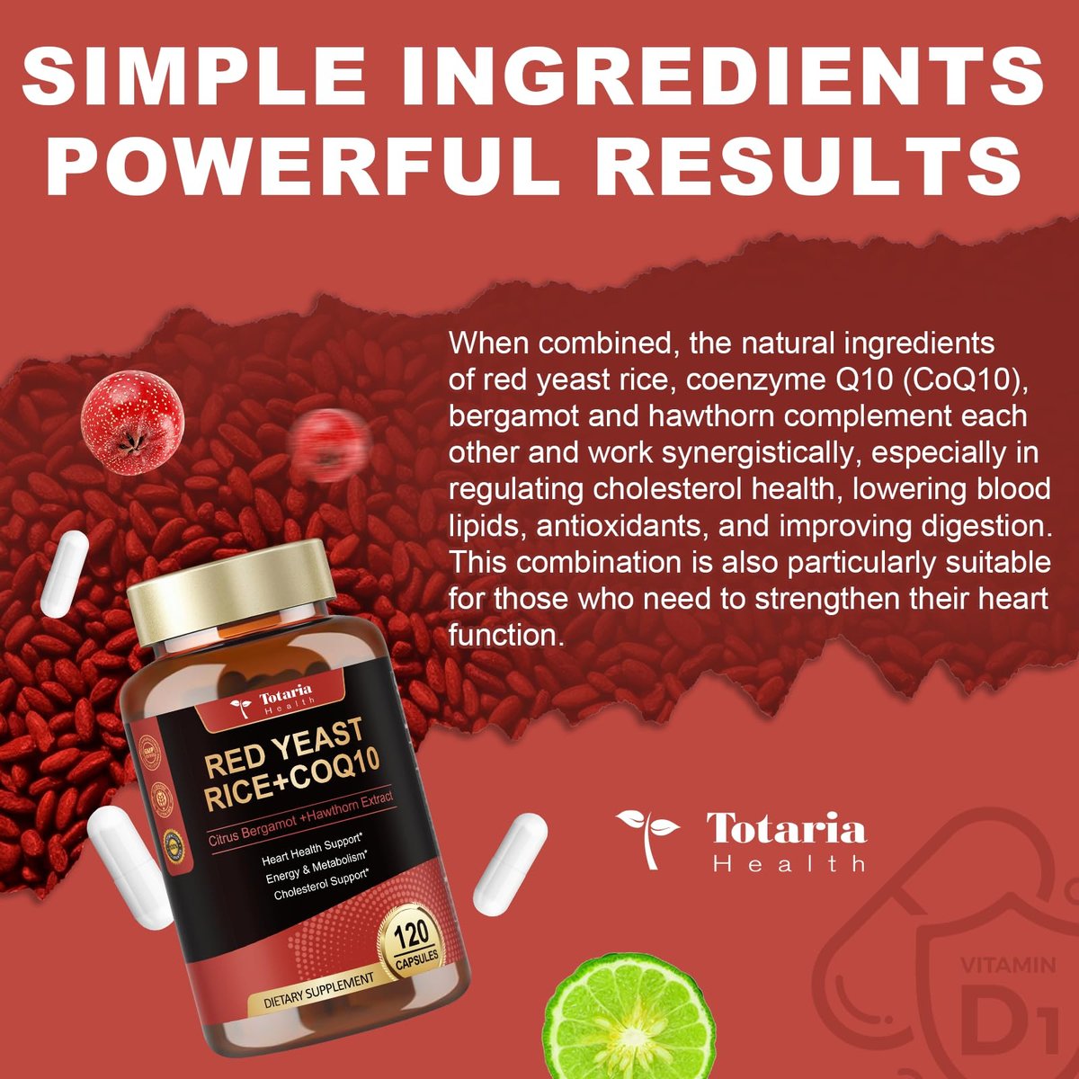 Totaria Roter Reishefe 2.000 mg mit CoQ10 & Citrus Bergamot – Citrinin-freier Extrakt, vegan & nicht-GVO, 120 Kapseln