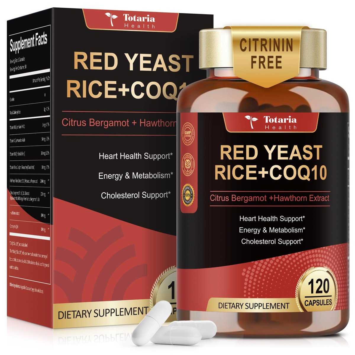 Totaria Roter Reishefe 2.000 mg mit CoQ10 & Citrus Bergamot – Citrinin-freier Extrakt, vegan & nicht-GVO, 120 Kapseln