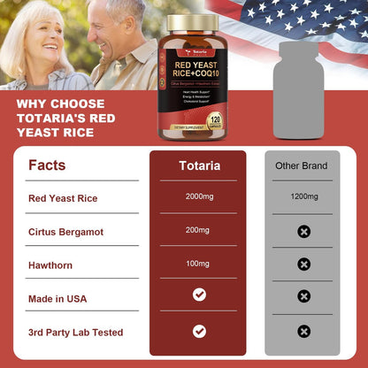 Totaria Roter Reishefe 2.000 mg mit CoQ10 & Citrus Bergamot – Citrinin-freier Extrakt, vegan & nicht-GVO, 120 Kapseln