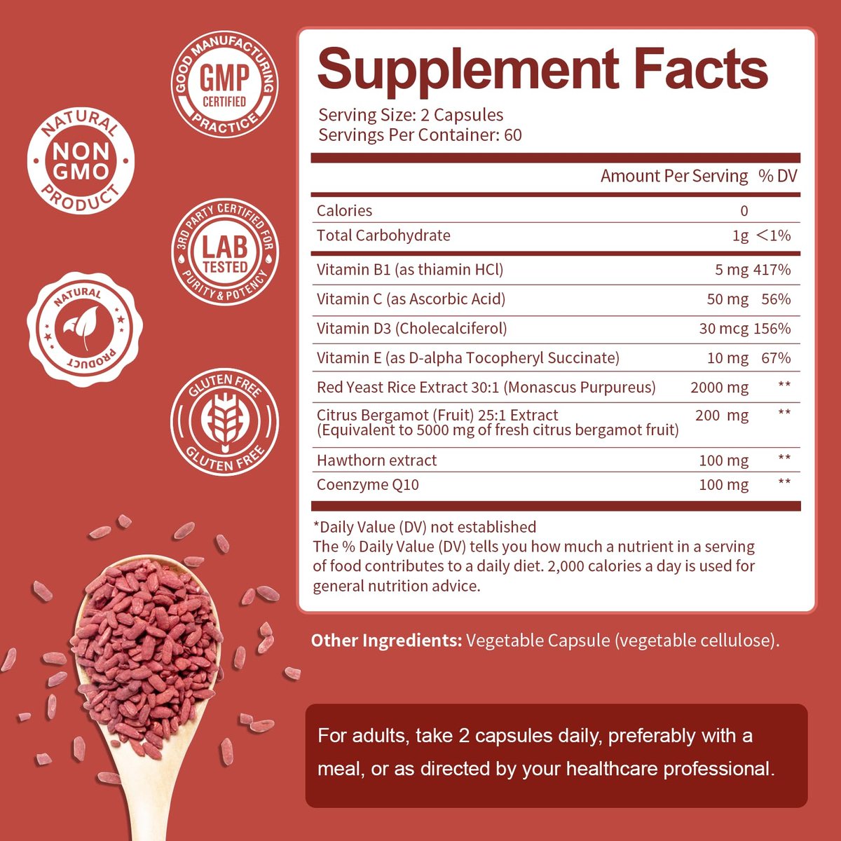 Totaria Roter Reishefe 2.000 mg mit CoQ10 & Citrus Bergamot – Citrinin-freier Extrakt, vegan & nicht-GVO, 120 Kapseln