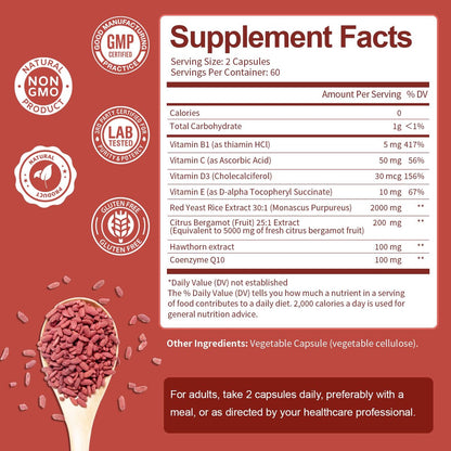 Totaria Roter Reishefe 2.000 mg mit CoQ10 & Citrus Bergamot – Citrinin-freier Extrakt, vegan & nicht-GVO, 120 Kapseln