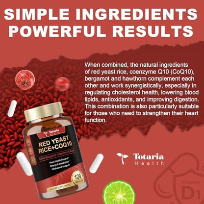 Totaria Roter Reishefe 2.000 mg mit CoQ10 & Citrus Bergamot – Citrinin-freier Extrakt, vegan & nicht-GVO, 120 Kapseln