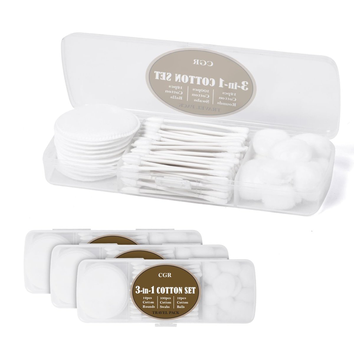 CGR Reise-Wattestäbchen Set Tragbar, 100 Wattestäbchen, 12 Wattepads, 12 Wattebällchen in Wiederverwendbarer Aufbewahrungsbox für Ohren, Kosmetik, Make-up Entferner, Nagellackentferner (3er Pack)