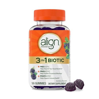 Align Probiotikum, 3-in-1 Biotische Gummibärchen, Präbiotikum + Probiotikum + Postbiotikum, #1 Von Ärzten Empfohlenes Probiotikum‡, Hilft bei Gelegentlichem Blähbauch*, Brombeergeschmack, 50 Gummibärchen